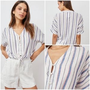 Rails White Blue & Pink Linen - Thea Tahiti Stripe Tie-Front Coastal Oversize XS